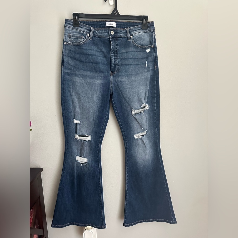 Ceros Stretch High Rise Distressed Flared Jeans Blue Size 32